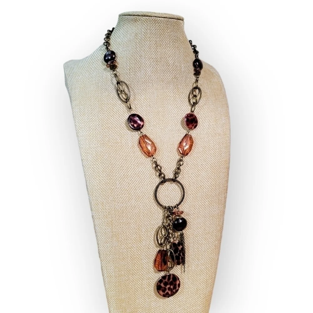 Antique Bronze Metal Statement Necklace with Amber beads and Chain Tassels Boho